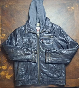 Levi's Lederjacke Herren Medium schwarz Fleece gefüttert Doppelreißverschluss Kapuze Biker - Bild 1 von 16