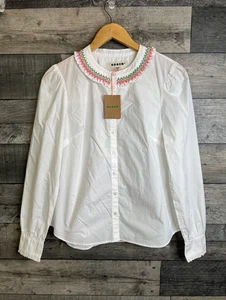 Boden Womens Blouse Top UK 10 White Rainbow Embroidered Collar Shirt Button Up - Picture 1 of 11
