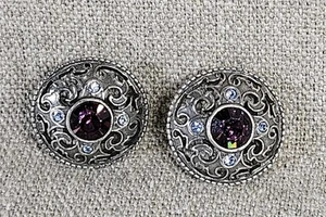 Vtg Silvertone Filligree & Stone Purple Blue Round Clip On Earrings - Picture 1 of 4