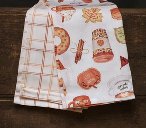 Fall Kitchen Towel Set of 2 Pumpkin Spice Coffee Print & Plaid Dishtowels - Picture 1 of 5