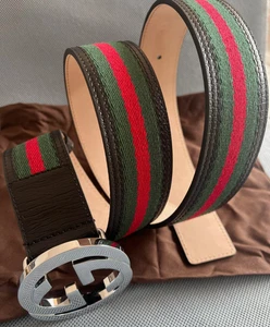 Cinturón Gucci GG Plateado Hebilla Entrelazada Negro Verde Rojo Lona Talla 100 CM 34 W - Imagen 1 de 7