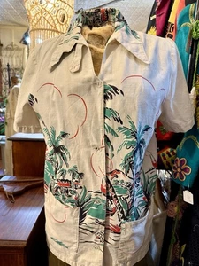 Vint '40s Tropic / Style of Samoan Hawaiian Blouse Shirt Aloha Palm Tree REDUCED - Picture 1 of 24