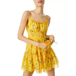 Alice + Olivia Lai Smocked Floral cotton Silk voile mini dress Yellow 6 - Picture 1 of 6
