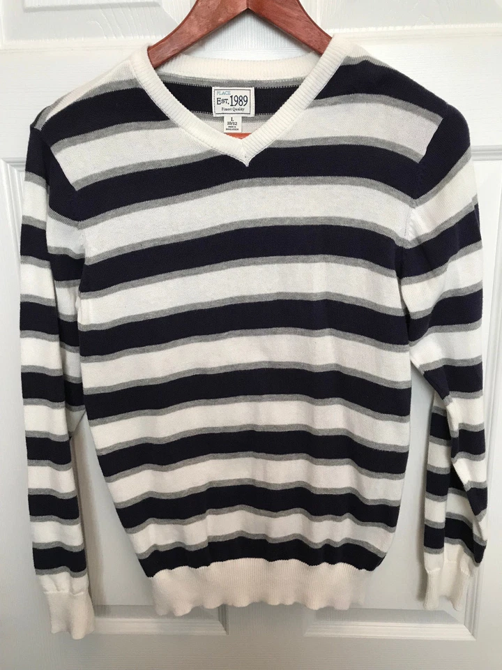 Suéter infantil masculino listrado azul marinho, cinza e branco tamanho 10-12 grande muito bom estado usado - Imagem 1 de 4