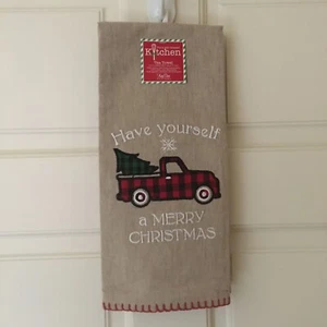 NEW Cotton Dish Towel Red Truck Plaid with Tree Christmas Theme Kitchen Use - Picture 1 of 5