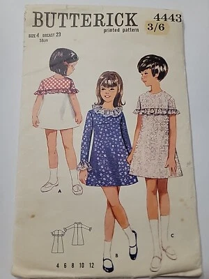 VINTAGE 60S BUTTERICK PATTERN 4443 A LINE DRESS with ruffles 4YRS 58 cm CHEST - Image 1 of 2
