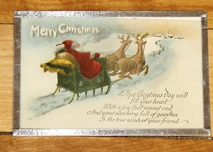 Vintage gerahmte Postkarte - Weihnachtsgruß Weihnachtsmann & sein Schlitten Leinen Postkarte - Bild 1 von 4