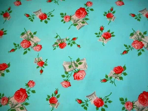 Floral Fabric By Yard Pink Roses Love Notes on Turquoise Free Spirit Cotton #C - Picture 1 of 2