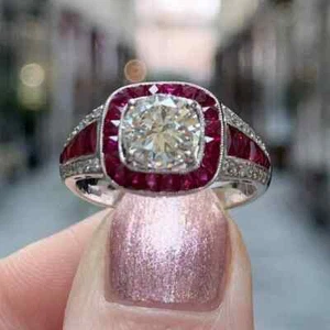 Art Deco Style Lab-Created Diamond Pink Sapphire Wedding Ring 14K White Gold FN - Picture 1 of 10