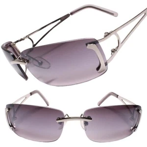 Deadstock Y2K Rimless Rectangle Womens Silver Sunglasses Intricate Cut-Out Frame - Picture 1 of 3