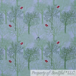 BonEful Fabric FQ Cotton Quilt White Green Tree Leaf Red Bird Winter Xmas Forest - Picture 1 of 14