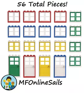 🏠 56 Pieces - Genuine LEGO Windows & Doors Lot - Red, Blue, Yellow, White - Picture 1 of 3
