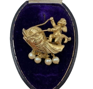 CUPID RIDING A DOLPHIN EARLY BAROQUE REVIVAL BROOCH RENAISSANCE PEARLS GOLD FILL - Picture 1 of 12