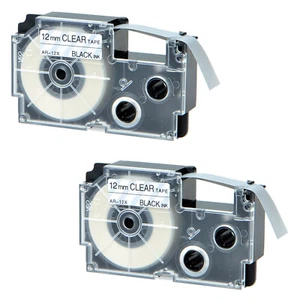 2PK Compatible Casio XR-12X Black on Clear EZ Label Tape Cartridge 12mm - Picture 1 of 12