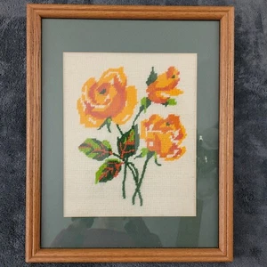 Vtg Needlepoint Yellow Rose Wall Hanging Picture Matted Framed 15 x 12 - Picture 1 of 7