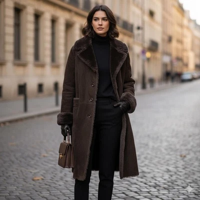 Abrigo forrado de piel sintética marrón oscuro para mujer Foto 1 de 4