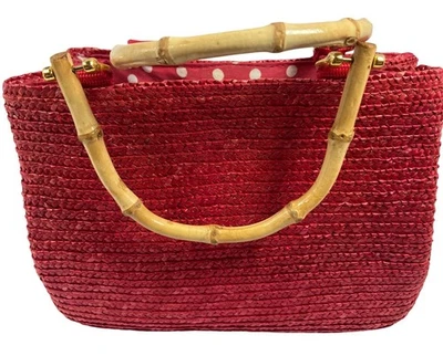 Red  Bag Straw Woven Tote With Bamboo Handles & Polka Dot Lining-Croft & Barrow - Image 1 of 4