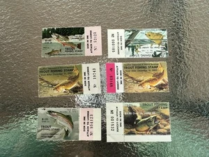 6 (5 diferentes) estampillas de impuestos sobre la renta con licencia de trucha pesquera de Maryland 1979-1989 - Imagen 1 de 5