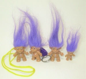 Vtg Purple Hair TROLL TRINKET LOT ( OF 4 ) Necklace Ponytail Keychain Pocket - Picture 1 of 2