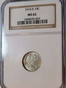 1914-D BARBER DIME NGC MS62 OLD HOLDER CHOICE AND VERY AFFORDABLE TYPE COIN - Picture 1 of 3