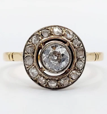 Bague cible antique or 18k diamant taille ancienne 0,65 carats (circa 1900) - Photo 1/4