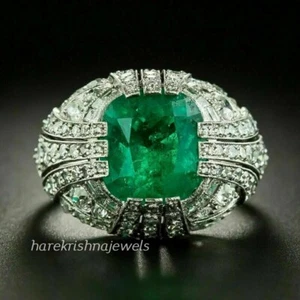 Vintage Art Deco Ring Damen 3 kt Kissenschliff echter grüner Smaragd 14 K Weißgold FN - Bild 1 von 6
