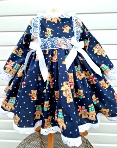 DREAM 0-8 years BABY GIRLS navy teddies traditional romany twirly lined dress - Picture 1 of 5