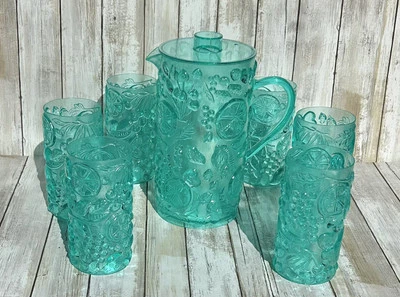 Juego de bebidas de frutas en relieve acrílico verde azulado 80 oz incluye jarra con tapa y 6 tazas Foto 1 de 4