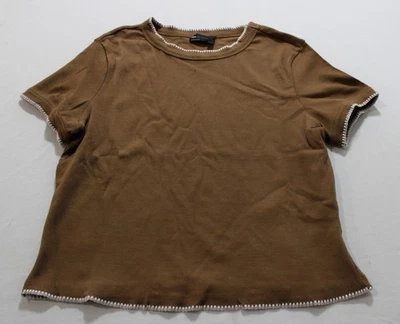 ASOS Women's S/S Crewneck Blanket Stitch Detail Baby Tee AC2 Brown Large NWT  - Image 1 of 3