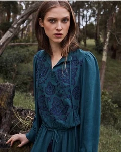 MEGAN PARK Dress $430 Midi Maxi Size 3 / Au 12 Green Embroidered French Knot - Picture 1 of 15