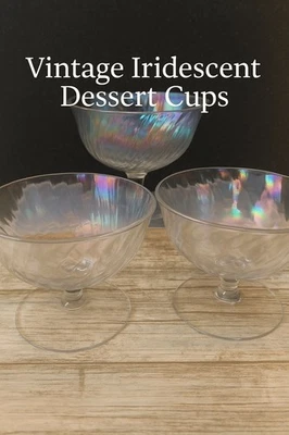 Juego de 3 tazas de sherbet de postre de vidrio iridiscente vintage patrón de remolino arco iris Foto 1 de 4