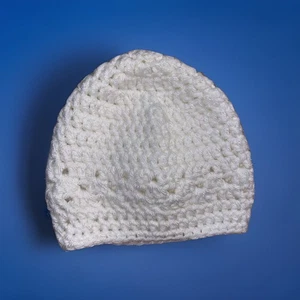 Hand Crochet Sz 0-3 mth Unisex Pure White Christening Baptism Beanie Hat Gift - Picture 1 of 2