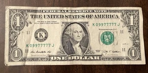 COOL $1.00 Dollar 2009 ~ 5-Of-A-Kind And 5-In-A-Row Serial Number ~ K09977777J - Picture 1 of 3