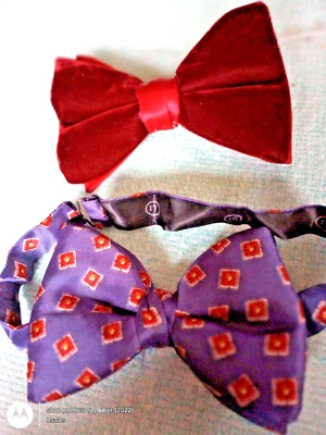 Vintage  Bow Ties One Velvet/Satin /Red clip  One Geometic sq/blue/red Satin Adj - Image 1 of 4