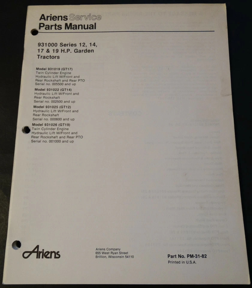 ARIENS GARDEN TRACTORS 931000 SERIES 12,14,17 & 19 PARTS MANUAL  PM-31A-82 (603) - Image 1 of 1