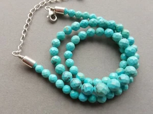Turquoise Faceted Classic Design 6 mm Round Beaded Necklace Sterling Clasp - Picture 1 of 5