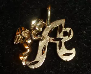 10K SOLID YELLOW GOLD PETITE MATTE FINISH/DIAMOND-CUT LETTER "A" ANGEL PENDANT - Picture 1 of 7