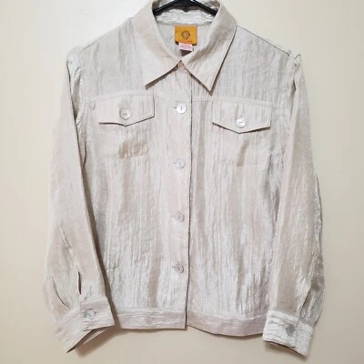 Ruby Rd Size 10 Womens Satin Crinkle Jacket Beige Button Up Long Sleeve - Image 1 of 4