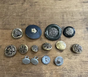 Lot 14 Antique Buttons Metal Filigree Celluloid Mirror Back Victorian - Picture 1 of 2