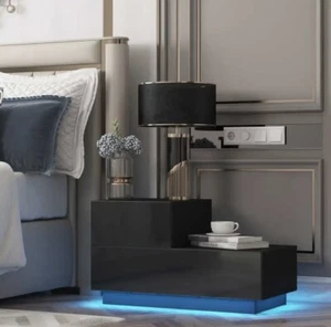 RGB LED Modern Nightstand Night Stand End Table Coffee Bedside 2 Drawers Black - Picture 1 of 16