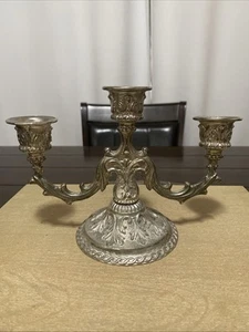Vtg Ornate Candelabra Silver Metal 3 Candleholders Hollywood Gothic 5.5” X 8” - Picture 1 of 13