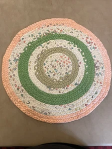 Braided Rag Rug 20” Round Greens & Pinks Handmade Contemporary - Picture 1 of 13