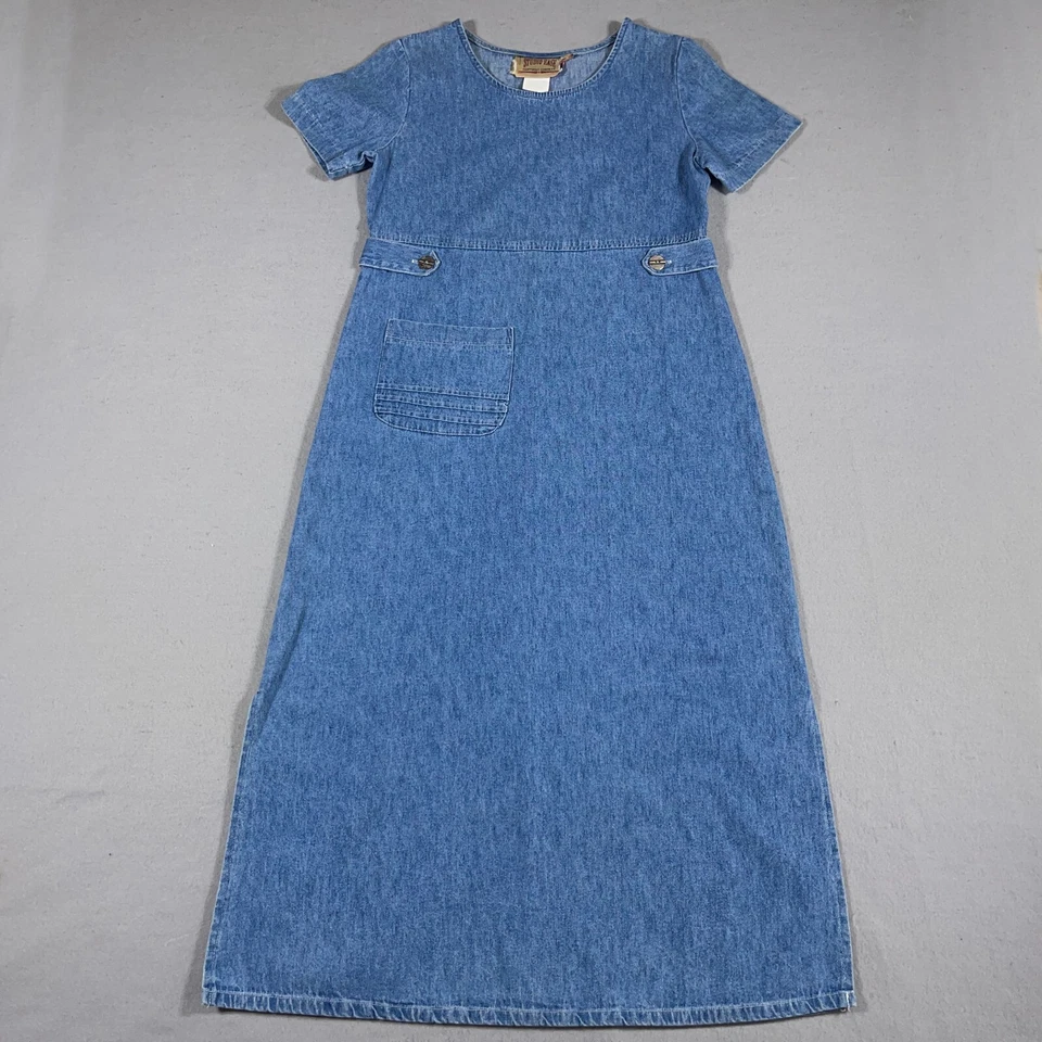 Vintage Denim Maxi Jean Dress Size 4 P Short Sleeve Prairie Retro Fashion Blue - Image 1 of 4