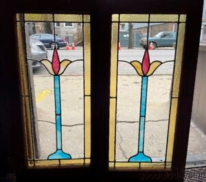 Pair of Antique Stained Leaded Glass Windows / Oak Cabinet Doors Circa 1920