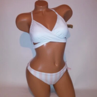 Bikini de baño Victoria Secret mediano superior e inferior blanco rosa a rayas almohadilla extraíble Foto 1 de 4