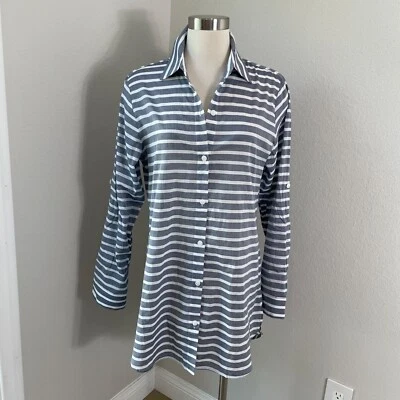 Tommy Bahama Mujer Mediana Gris Blanco Rayas Algodón Abotonado Túnica Camisa Top Foto 1 de 4