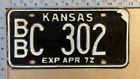 1972 Kansas license plate BB C 302 YOM DMV Bourbon Ford 302 MUSTANG 15692