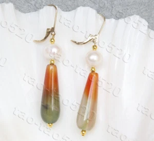 Dangle 2.5" 30mm round white pearls drip red agate Earrings 14KT gold hoop k966 - Picture 1 of 2