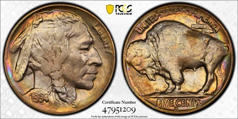 1934-D 5C Buffalo Nickel  PCGS MS62 Beautiful Toning - TrueView Cover
