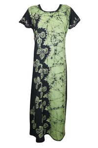 Green,Black Tie Dye Sundress Round Neck Cap Sleeves Casual Beach Long Sundress L